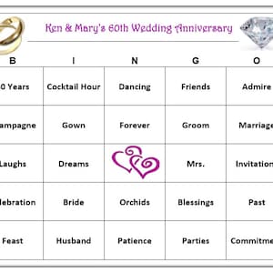 Personalisierte Party-Bingo-Spiel zum 60-jährigen Jubiläum - Diamant-Jubiläum, Liebe, Jubiläums-Bingo-Wörter. SPASS!