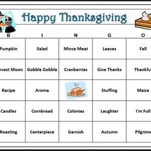 Thanksgiving-bingospel: familieplezier voor de dag van Turkije, feestelijke vakantiewoorden, inclusief 30 unieke kaarten per post.