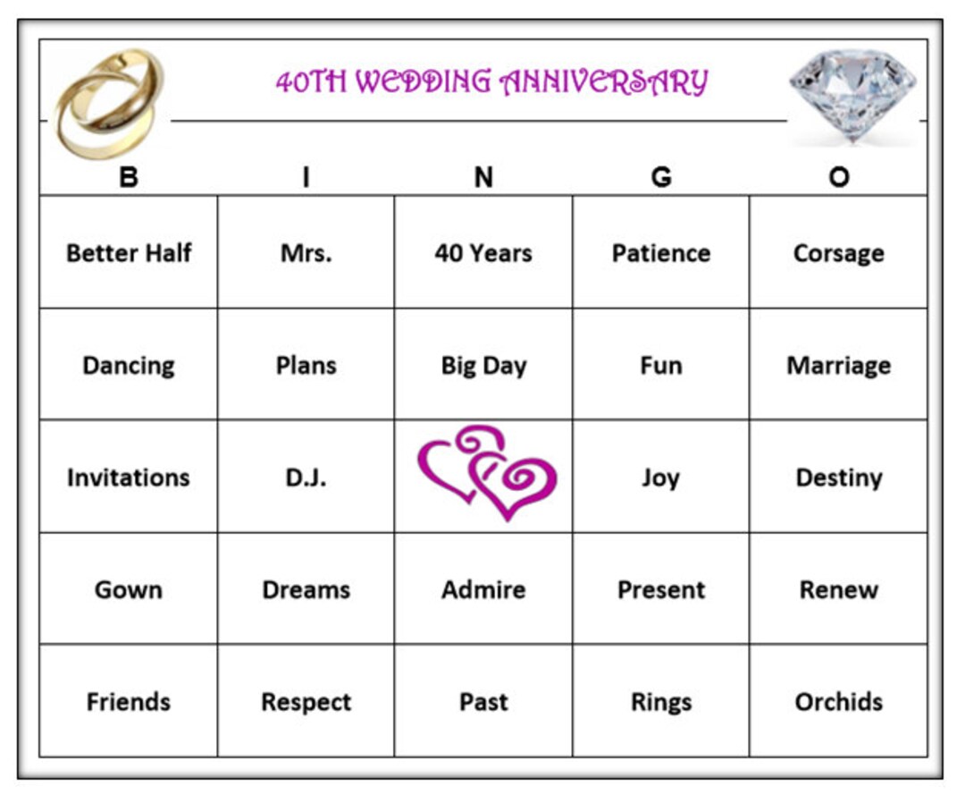 40th Wedding Anniversary Party Bingo Game 30 Cards Anniversary, Wedding