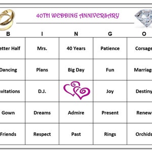 40周年記念パーティービンゴゲーム - あらゆる年齢層が楽しめるゲームで愛と結婚を祝いましょう。ダウンロードして印刷してプレイしましょう。60枚のカードが含まれています。