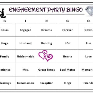 Verlobungsfeier Bingo-Spiel Feiert Liebe und Ehe, Hochzeit Themen Bingo Wörter -Sehr Spaß! Herunterladen, drucken und spielen! 30 Einzigartige Karten