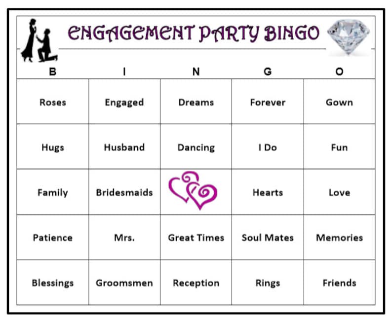 engagement party bingo game 30 cards wedding themed bingo etsy