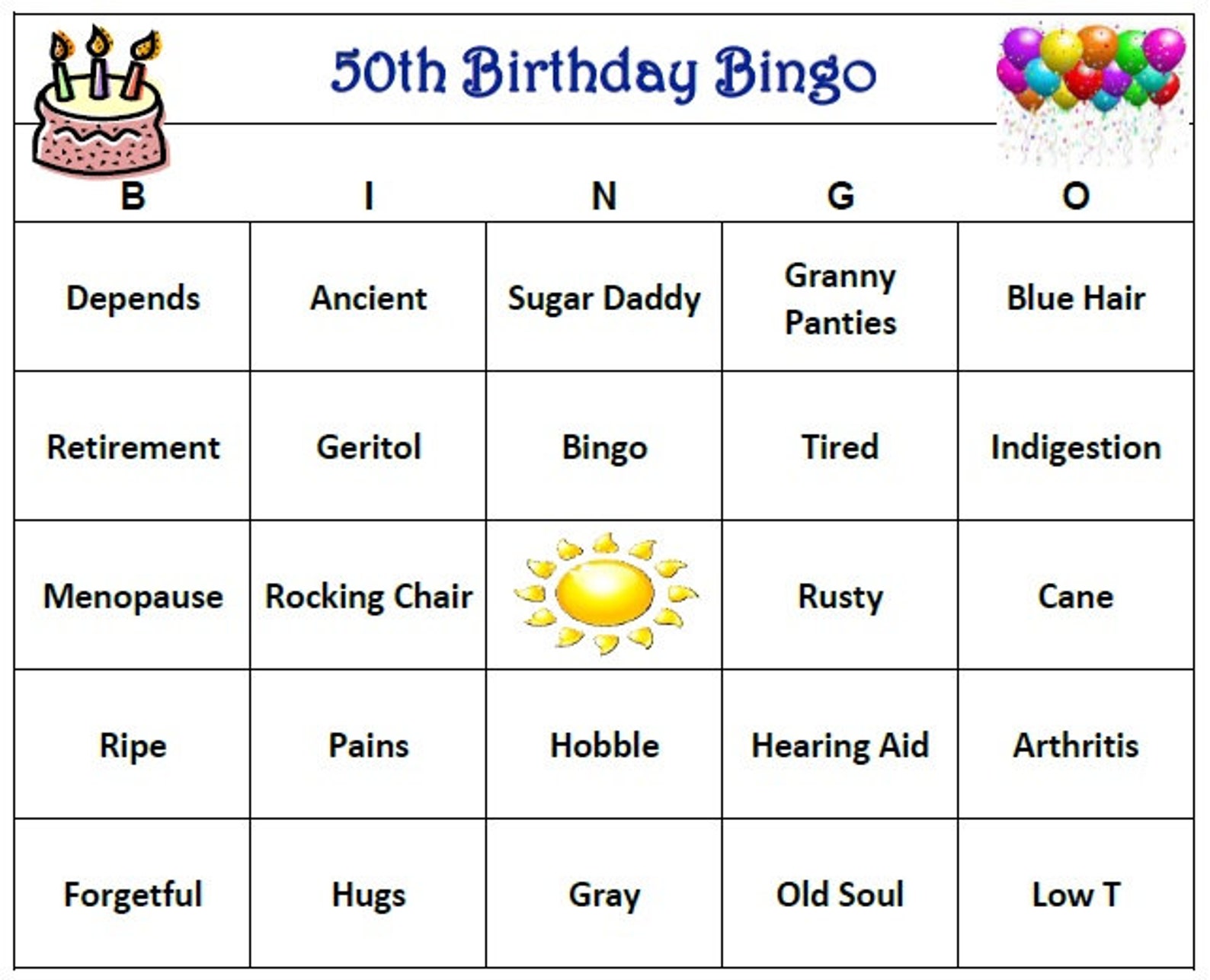 Personalized 50th Birthday Party Bingo Game Old Age Themed Etsy