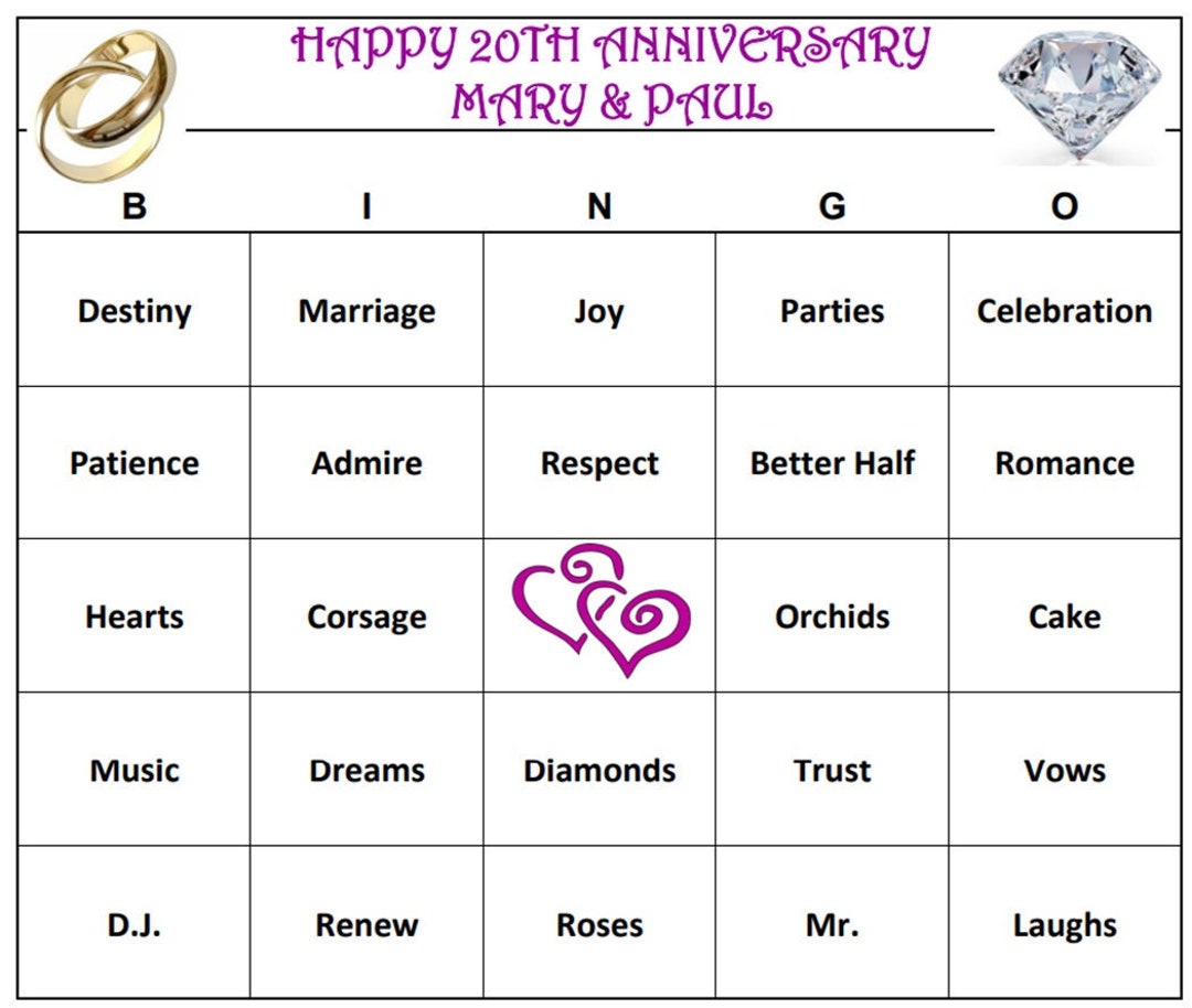 Personalized 20th Anniversary Party Bingo Game Love, Anniversary Themed