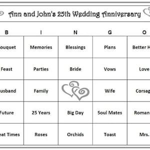 Bingospel 25-jarig jubileumfeest: vier liefde en huwelijk, plezier voor een zilveren jubileum! Gepersonaliseerde titel, 30 kaarten verzonden