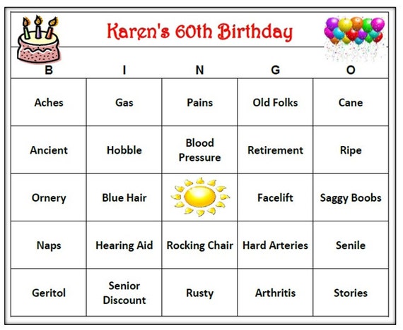 Personalisierte 60 Geburtstag Party Bingo Spiel Alter Themen Etsy