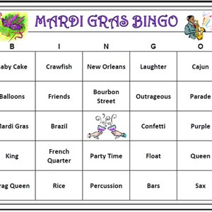 Mardi Gras Bingo: kleurrijk, leuk spel voor je vette dinsdag. Inclusief 30 unieke bingokaarten die naar je worden verzonden.