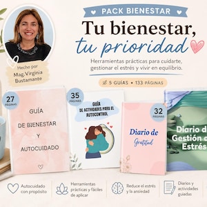 Può includere: Immagine promozionale per un pacchetto benessere con il ritratto di una donna e diverse guide. Le guide includono titoli come "Guida al benessere e all'autocura" e "Diario della gestione dello stress". Il testo è in spagnolo.