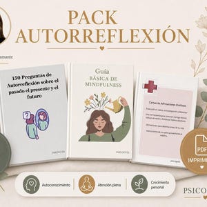 Puede incluir: Un pack de autorreflexión con tres libros y una baraja de 84 cartas. Los libros se titulan "150 Preguntas de Autorreflexión sobre el pasado, el presente y el futuro", "Guía Básica de Mindfulness" y "Cartas de Afirmaciones Positivas". El pack incluye el texto "PDF Imprimible".