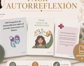 May include: A self-reflection pack with three books and a deck of 84 cards. The books are titled "150 Questions of Self-Reflection on the Past, Present, and Future", "Basic Mindfulness Guide", and "Positive Affirmation Cards". The pack includes the text "PDF Printable".