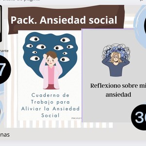 Könnte beinhalten: Ein Bild, das Ressourcen zur psychischen Gesundheit bewirbt. Es zeigt Illustrationen und Text auf Spanisch, darunter ein Arbeitsbuch mit dem Titel "Cuaderno de Trabajo para Aliviar la Ansiedad Social" und einen Leitfaden zur Achtsamkeit. Das Bild enthält auch den Text "Reflexiono sobre mi ansiedad".