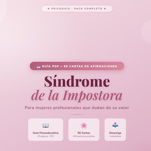 Puede incluir: Gráfico rosa con texto en español que promociona una guía de autoayuda. La imagen presenta el título "Síndrome de la Impostora" y la frase "Guía PDF + 50 Cartas de Afirmaciones." Incluye iconos y texto para un producto descargable.