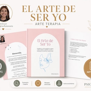Puede incluir: Un diario rosa titulado "El Arte de Ser Yo" con una ilustración de mariposa, junto con páginas abiertas y una insignia "PDF Imprimible". El diario es para arteterapia y autodescubrimiento, con 60 páginas.
