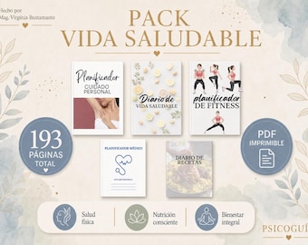 May include: A collection of health and wellness guides, including a personal care planner, a fitness planner, and a recipe diary. The image features the text "PACK VIDA SALUDABLE" and "PDF IMPRIMIBLE". The total page count is 193.