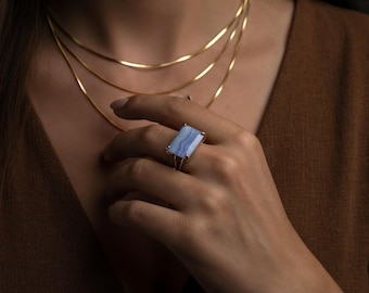 Blue Lace Agate Ring · Rectangle Gold 14k Ring · Solitaire Gemstone Ring · Statement Ring For Women · Agate Gold Ring