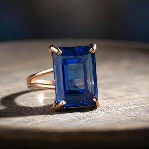 Rectangular Sapphire Ring · 14k Gold Sapphire Ring · 14k Emerald Cut Ring · Deep Blue Ring · Gold Rectangle Ring image 10