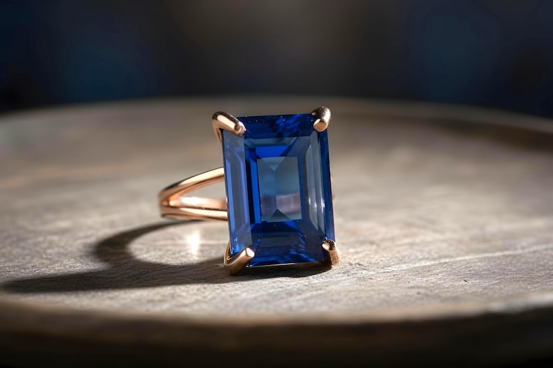 Rectangular Sapphire Ring · 14k Gold Sapphire Ring · 14k Emerald Cut Ring · Deep Blue Ring · Gold Rectangle Ring image 10