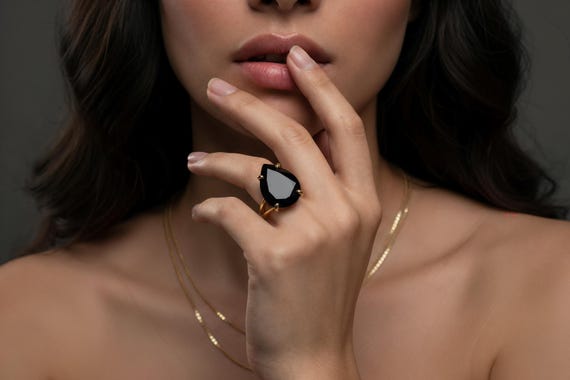 Black Onyx Ring · Gemstone Ring · Pear Ring · Drop Ring · Simple Stone ring · Cocktail Ring · Gold ring · 14k Gold Filled Ring