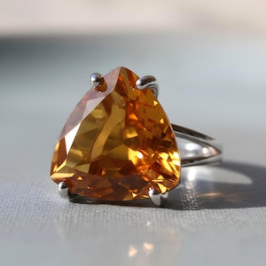 Triangular Citrine Ring · Silver Double Band Ring · Prong Set Birthstone Ring · Bridal Ring for Women · Bridesmaid Gift Jewelry