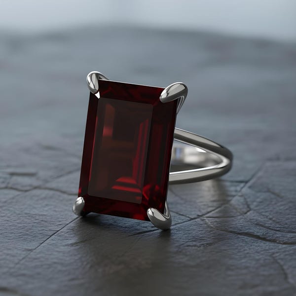 Ring met granaat van sterling zilver · Ring met smaragdgeslepen granaat · Geboortesteenring van januari · 925 granaatring · Cadeau voor haar · Opvallende ring