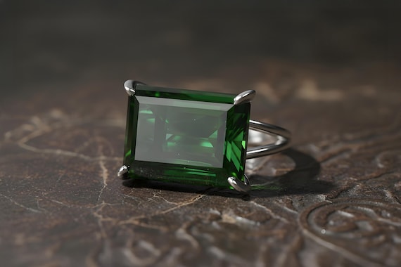 Silver Emerald Ring · Green Emerald Ring · 925 Rectangle Ring · May Birthstone Ring · Large Wide Prong Ring