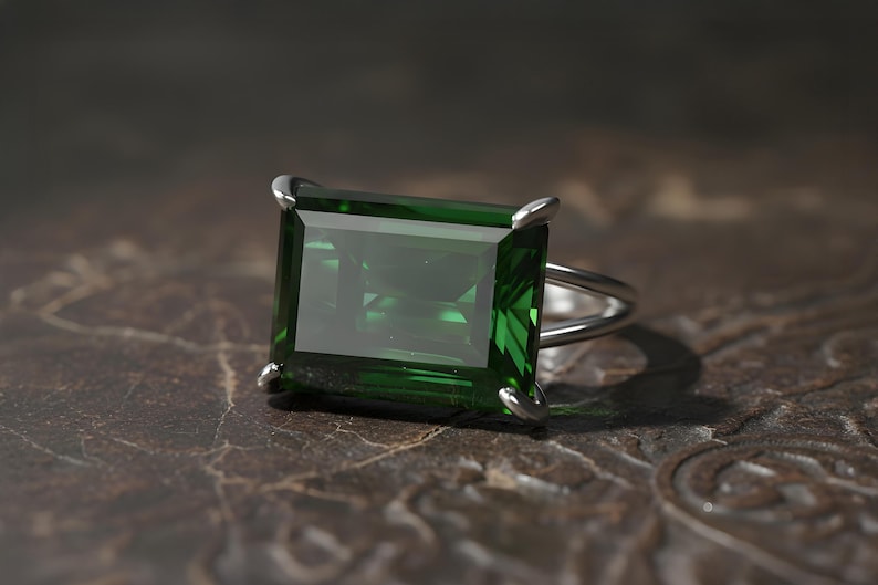 Silver Emerald Ring · Green Emerald Ring · 925 Rectangle Ring · May Birthstone Ring · Large Wide Prong Ring image 1