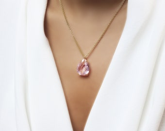 Pear Drop Rose Quartz Necklace · Faceted Teardrop Necklace · Gold Pear Pink Quartz Pendant · Self Love Stone Necklace · Bridal Necklace