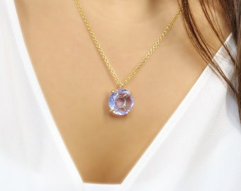 Collar con colgante redondo de tanzanita · Collar de novia de oro · Collar con piedra natal de diciembre · Collar de cristal para mujer