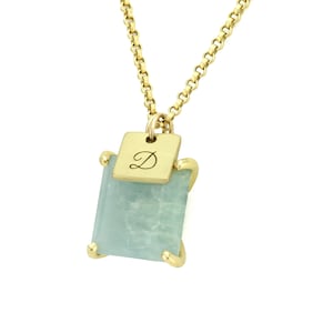 Aquamarine Square Gemstone Pendant · Engraved Initial Coin Charm · Name Necklace · Letter Coin Necklace · Custom Monogram Jewelry