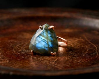 Rose Gold Trillion Shape Labradorite Ring · Triangle Prong Cocktail Statement Gemstone Ring
