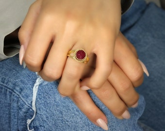 Delicate Jade Ring · Gold Ring · Gemstone Ring · Red Birthstone Ring · Vintage Ring · Bridal Ring · Precious Stone Ring · Gold Jade Jewelry