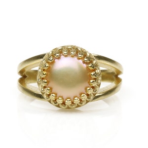 14k Gold Pearl Ring · Peach Pearl Ring · June Birthstone Ring · Peach Pearl Stack Ring · Double Band Ring · Anniversary Gift For Her