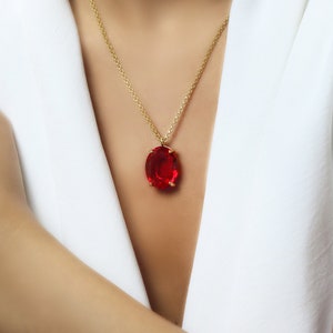 Ruby Necklace For Women · Handmade Oval Pendant · Long Ruby Pendant · July Birthstone Gift for Her · Gemstone Bridal Necklace