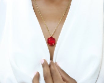 Ruby Gift For Women · Birthstone For July · Hexagon Gemstone Necklace · Large Gold Stone Necklace · Ruby Necklace Pendant