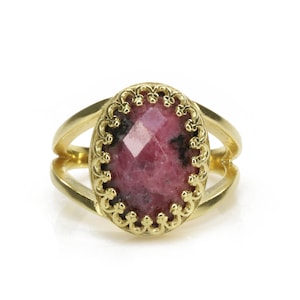 Pink Rhodonite Ring · Faceted Oval Cut Ring · 14k Solid Gold Ring ...