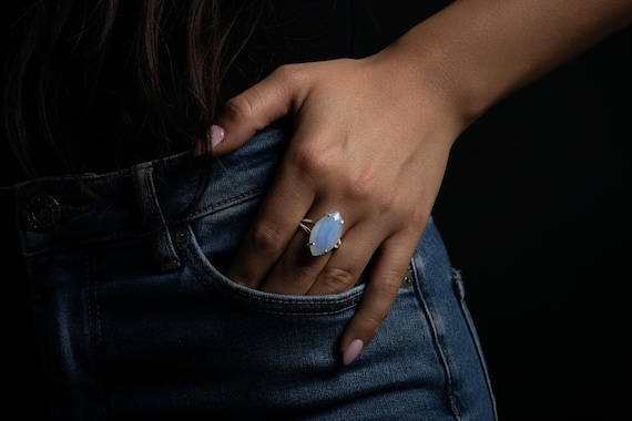 14k Gold Marquise Cut Ring · Blue Lace Agate Cocktail Ring · Solitaire Gemstone Prong Ring · Handmade Gold Ring