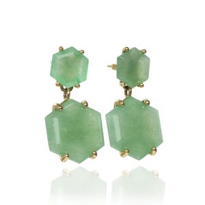 One of A Kind Gemstone Earrings · Gold Dangle Aventurine Earrings · Green Aventurine 18k Earrings · Hexagon Bridal Earrings Dangle image 2
