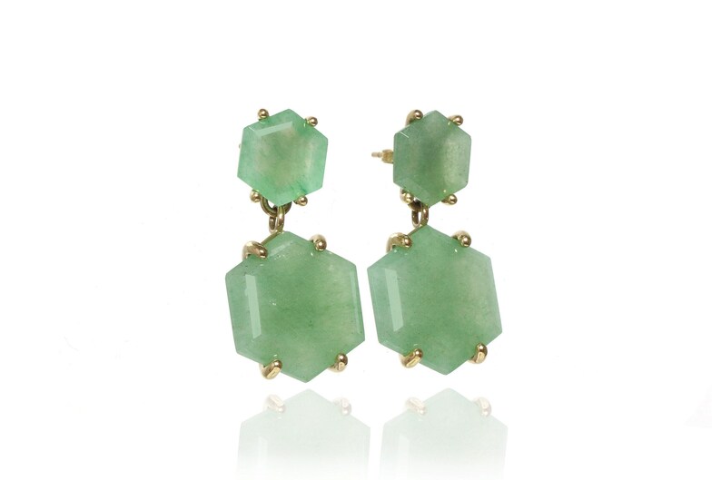 One of A Kind Gemstone Earrings · Gold Dangle Aventurine Earrings · Green Aventurine 18k Earrings · Hexagon Bridal Earrings Dangle image 2