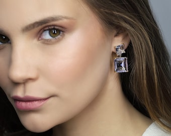 Tanzanite Dangle Earrings · December Birthstone Earrings · Prong Setting Earrings · Gold Two Stone Earrings · Handmade Earrings