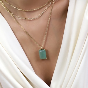 Gold Gemstone Pendant Necklace · Healing Green Aventurine Rectangle Pendant · Long 18k Gold Vermeil Emerald Cut Necklace