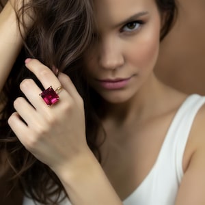 Pink Tourmaline Square Princess Cut Ring · 18k Gold Vermeil Jewelry · October Birthstone image 1