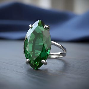 Handmade Marquise Emerald Ring · Sterling Silver Emerald Ring · May Birthstone Ring image 1