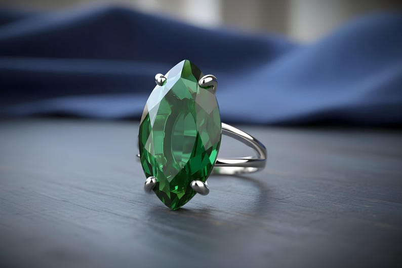 Handmade Marquise Emerald Ring · Sterling Silver Emerald Ring · May Birthstone Ring image 1