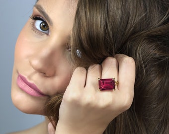 Pink Tourmaline Ring · Statement Gold Cocktail Ring · Rectangle Four Prongs Ring · October Birthstone Ring · Faceted Pink Gemstone Ring