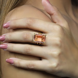 Morganite Gemstone Ring · Fine 18k Gold Cocktail Ring For Women · Emerald Cut Morganite Ring · Big Gold Statement Ring
