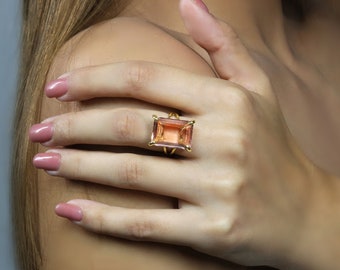 Morganite Gemstone Ring · Fine 18k Gold Cocktail Ring For Women · Emerald Cut Morganite Ring · Big Gold Statement Ring