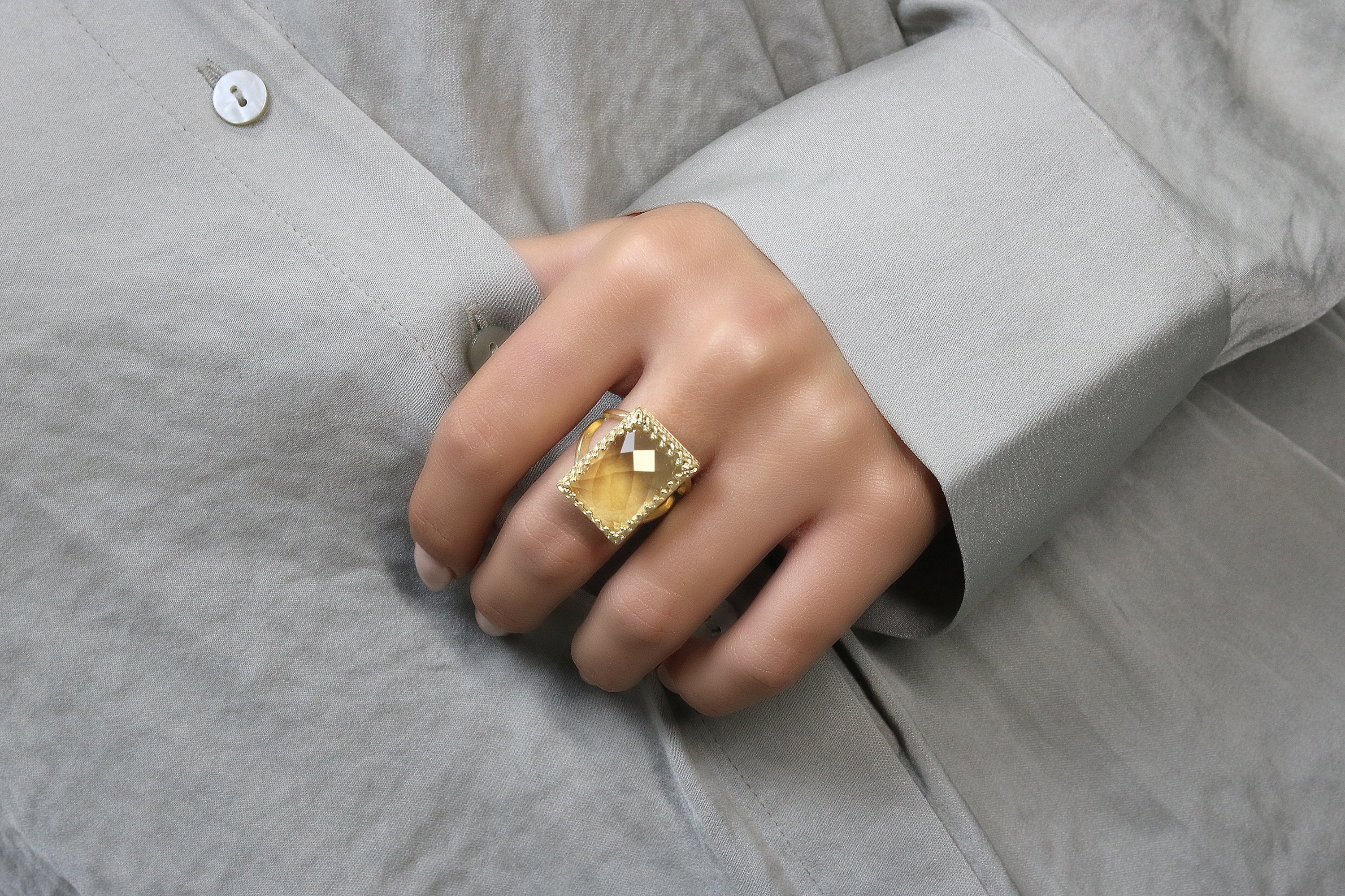 Lemon Quartz Ring · Rectangular Ring · Yellow Quartz Ring · Gemstone Ring · Gold Cocktail Ring · Bridal Ring