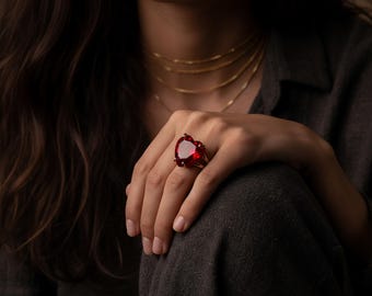 Ruby Heart Ring · July Birthstone Gold Ring · Gemstone Ruby Ring 14k Gold · Statement Heart Cocktail Ring