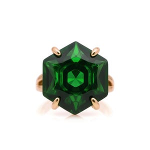 Rose Gold Hexagon Cut Emerald Ring · Vermeil Or Silver Gemstone Ring · May Birthstone Ring · Big Hexagon Ring For Women