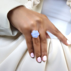 Blue Lace Agate Ring  · Pink Gold Gemstone Ring · Hexagon Ring · Engagement Ring · Statement Ring For Women